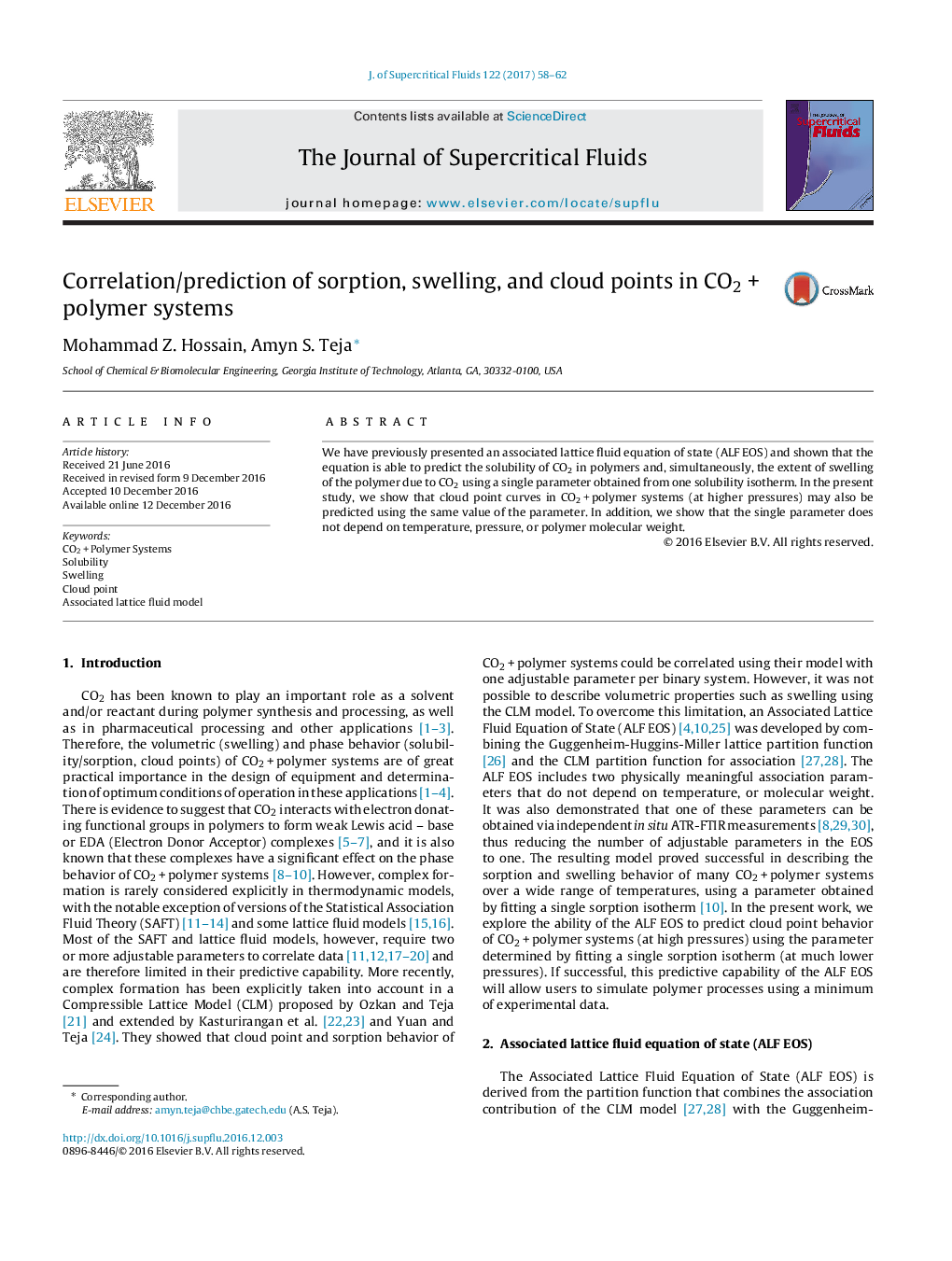 Correlation/prediction of sorption, swelling, and cloud points in CO2 + polymer systems