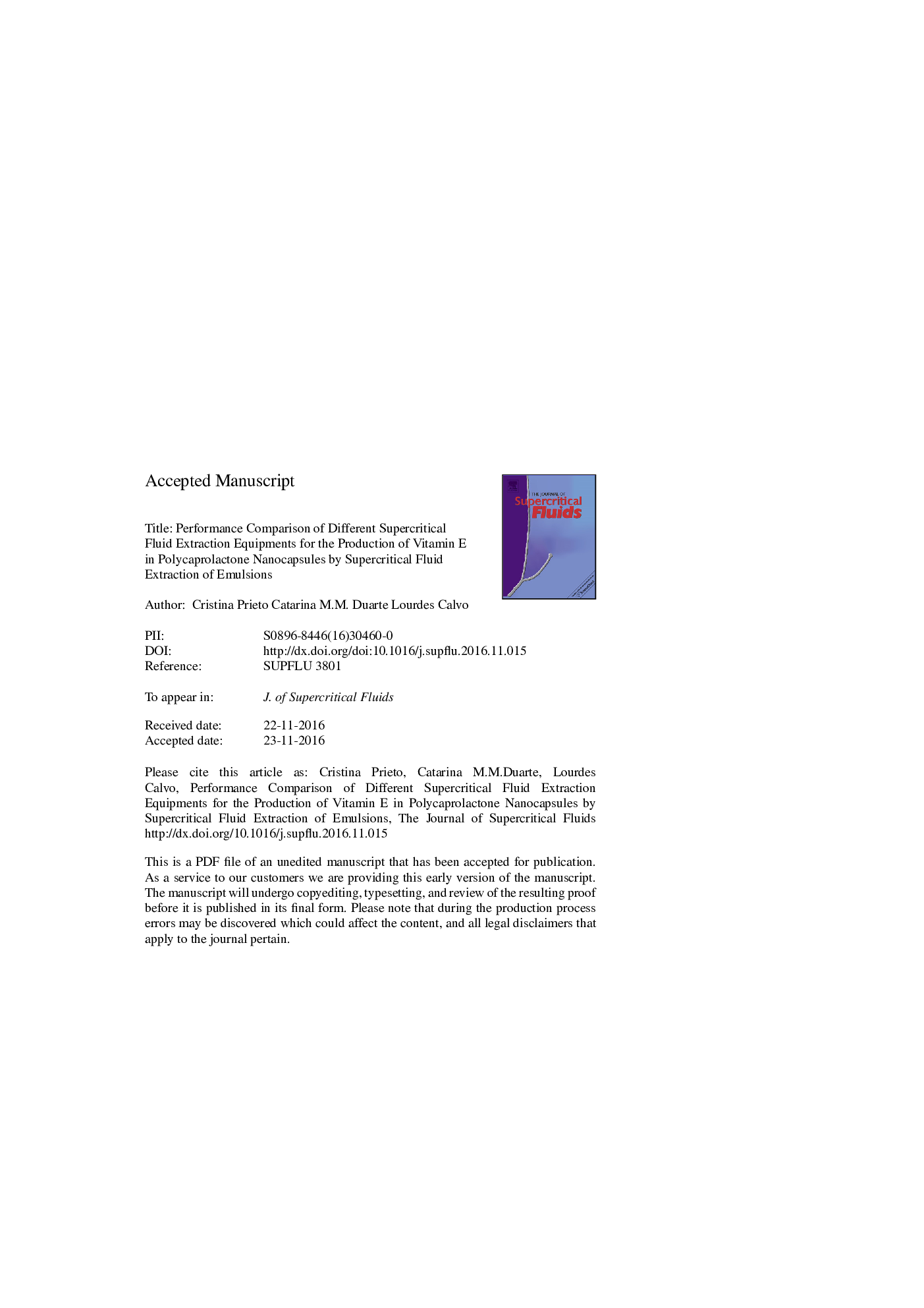 Performance comparison of different supercritical fluid extraction equipments for the production of vitamin E in polycaprolactone nanocapsules by supercritical fluid extraction of emulsionsc