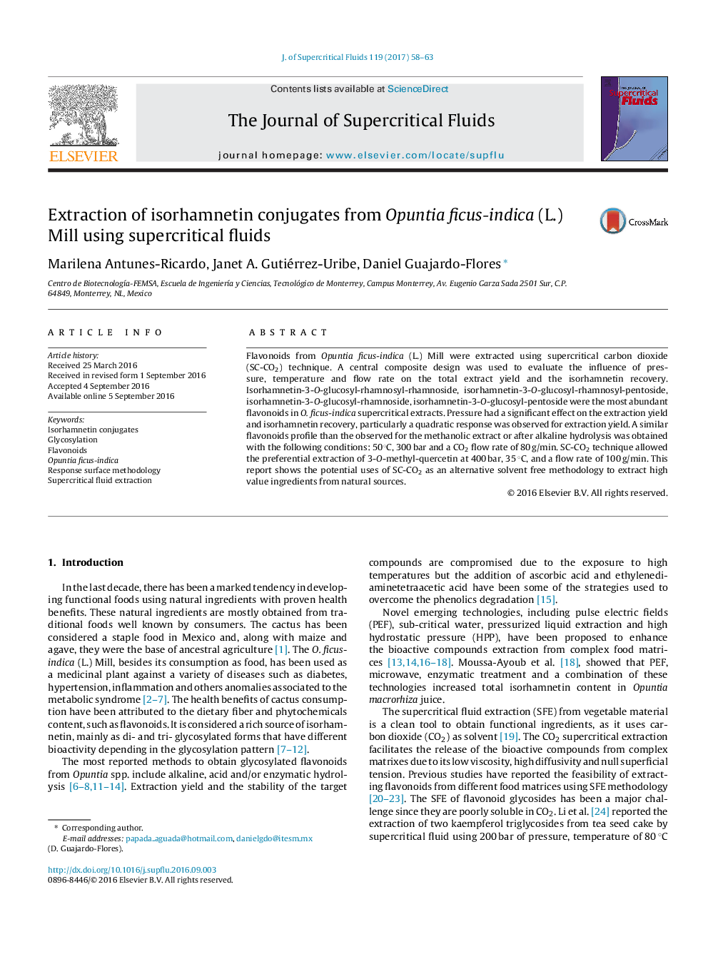 Extraction of isorhamnetin conjugates from Opuntia ficus-indica (L.) Mill using supercritical fluids