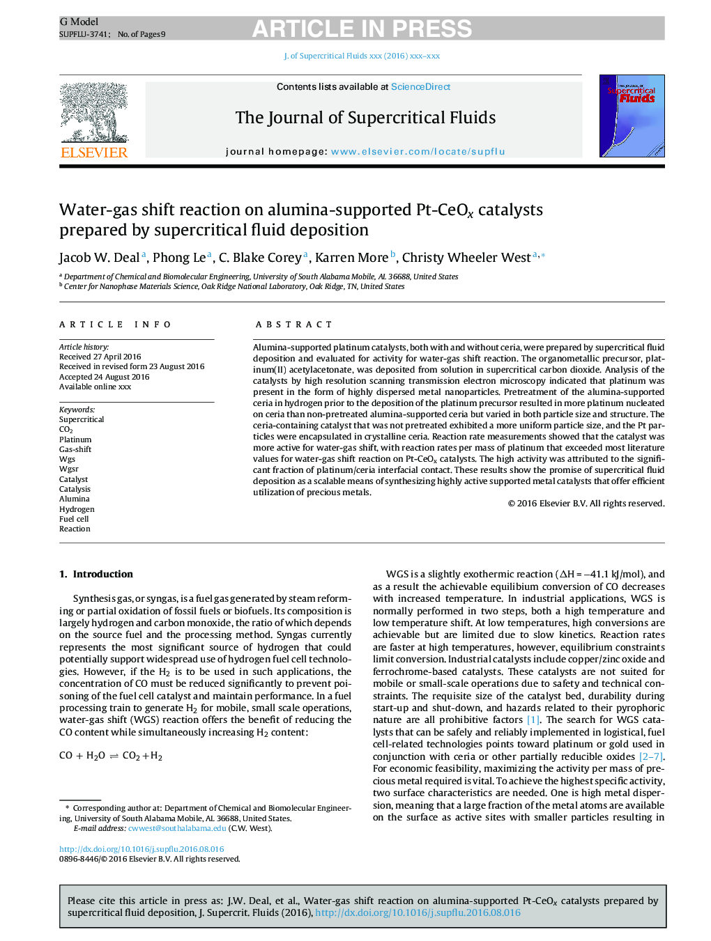 Water-gas shift reaction on alumina-supported Pt-CeOx catalysts prepared by supercritical fluid deposition