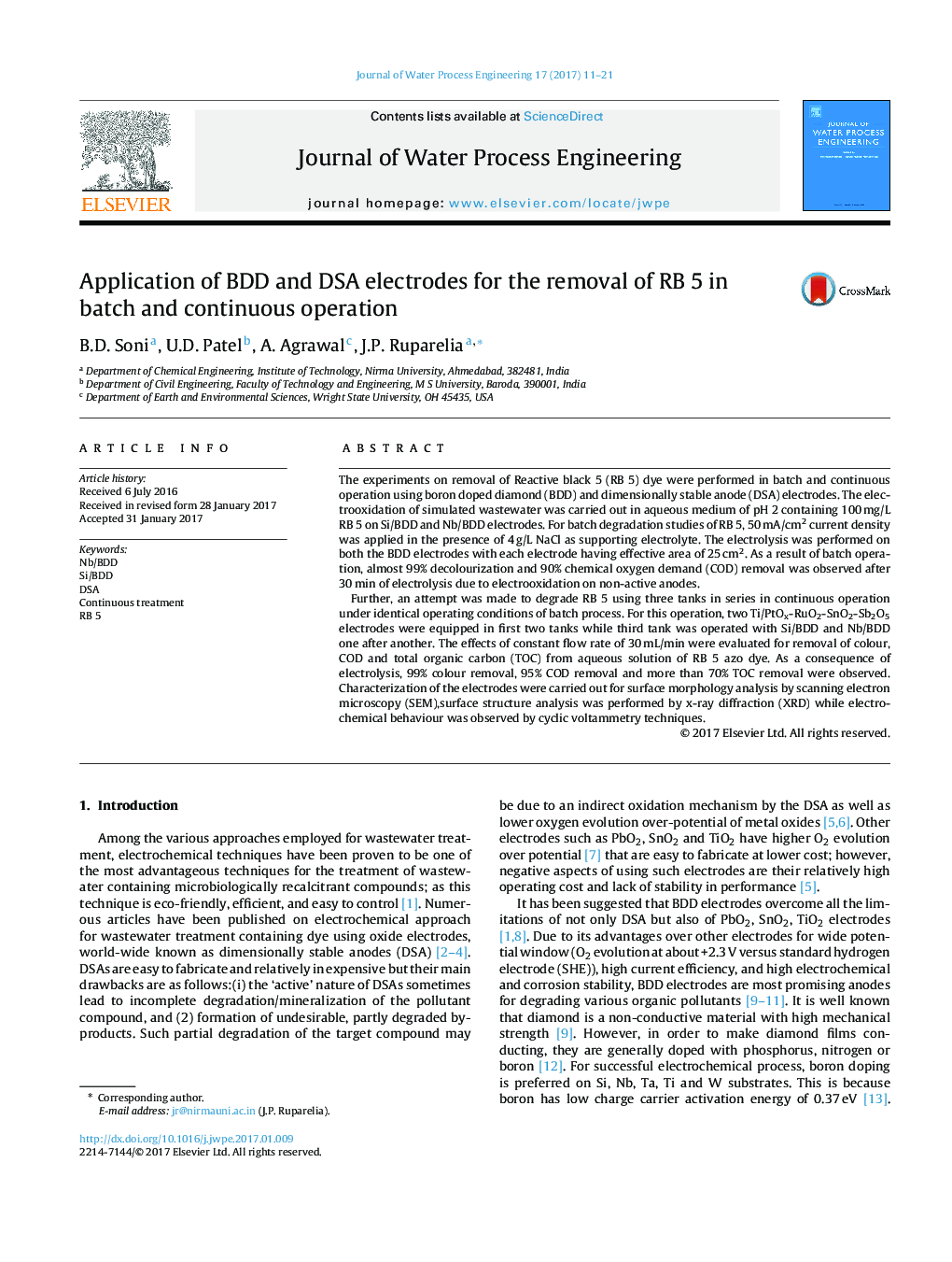 Application of BDD and DSA electrodes for the removal of RB 5 in batch and continuous operation