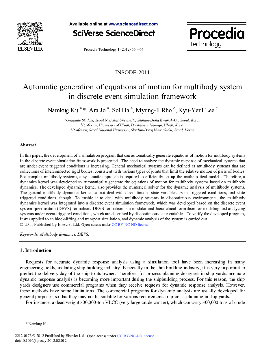 Automatic generation of equations of motion for multibody system in discrete event simulation framework