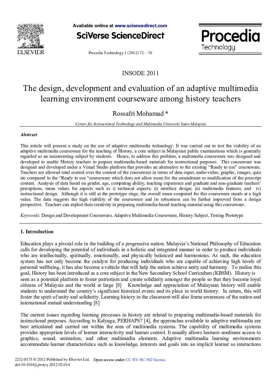 The design, development and evaluation of an adaptive multimedia learning environment courseware among history teachers