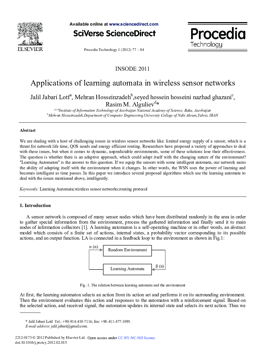 Applications of learning automata in wireless sensor networks