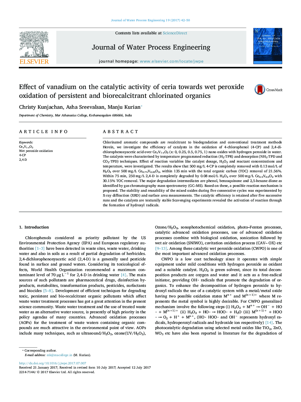 Effect of vanadium on the catalytic activity of ceria towards wet peroxide oxidation of persistent and biorecalcitrant chlorinated organics