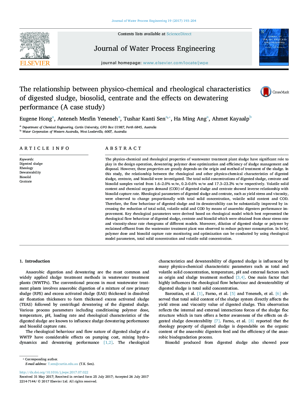 رابطه بین ویژگی های فیزیکی-شیمیایی و رئولوژیکی لجن هیدز شده، بیستولید، مرکزیت و تاثیر آن بر عملکرد آبگیری (مطالعه موردی) 