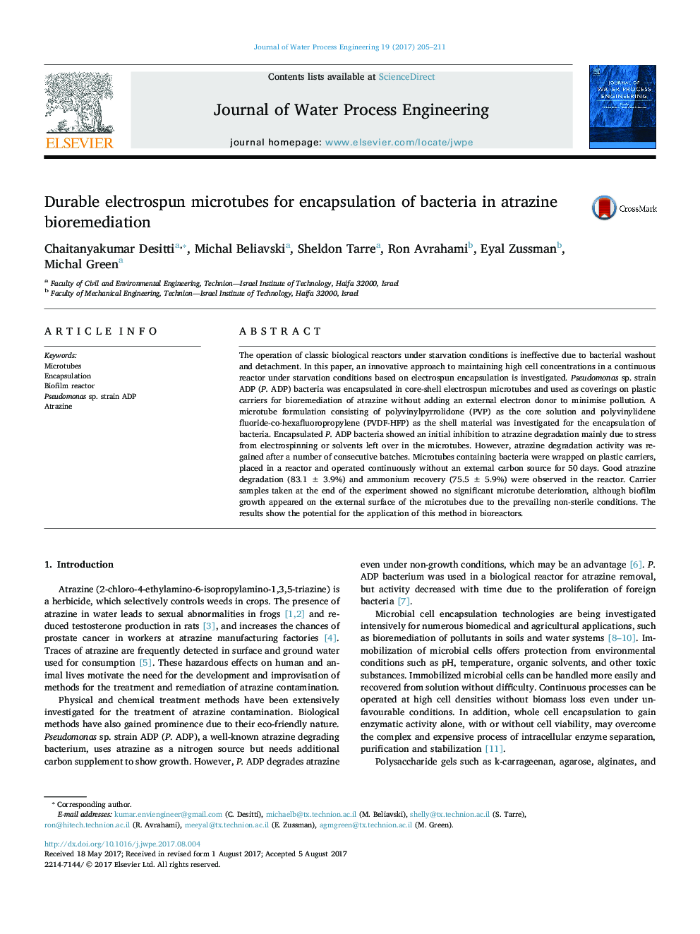 Durable electrospun microtubes for encapsulation of bacteria in atrazine bioremediation