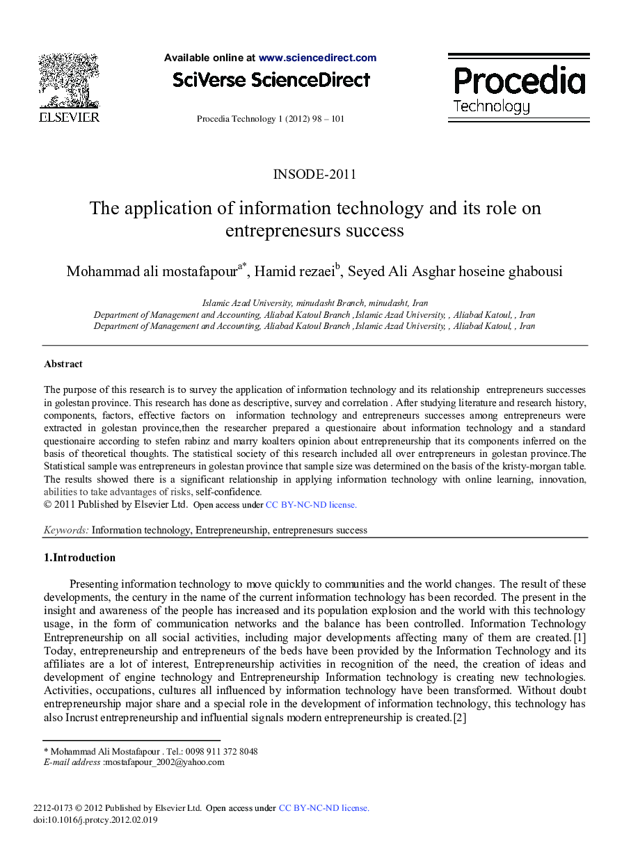 The application of information technology and its role on entreprenesurs success