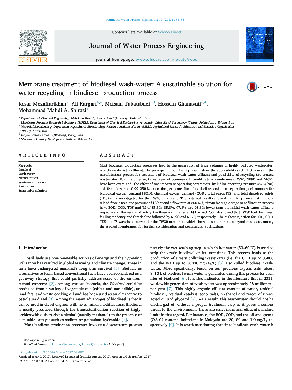 Membrane treatment of biodiesel wash-water: A sustainable solution for water recycling in biodiesel production process