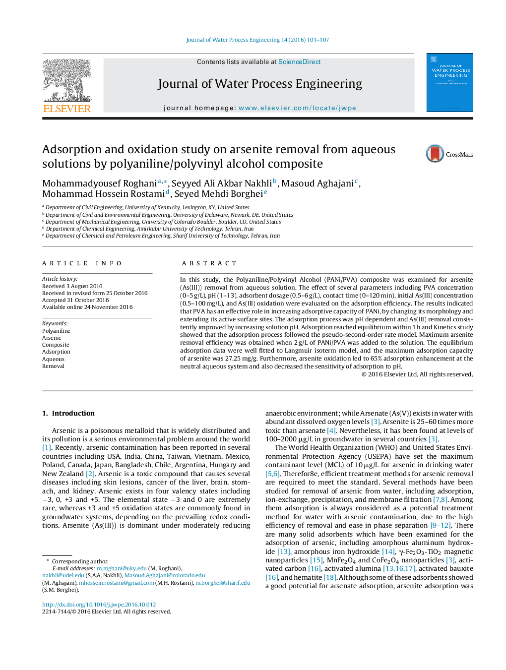 Adsorption and oxidation study on arsenite removal from aqueous solutions by polyaniline/polyvinyl alcohol composite