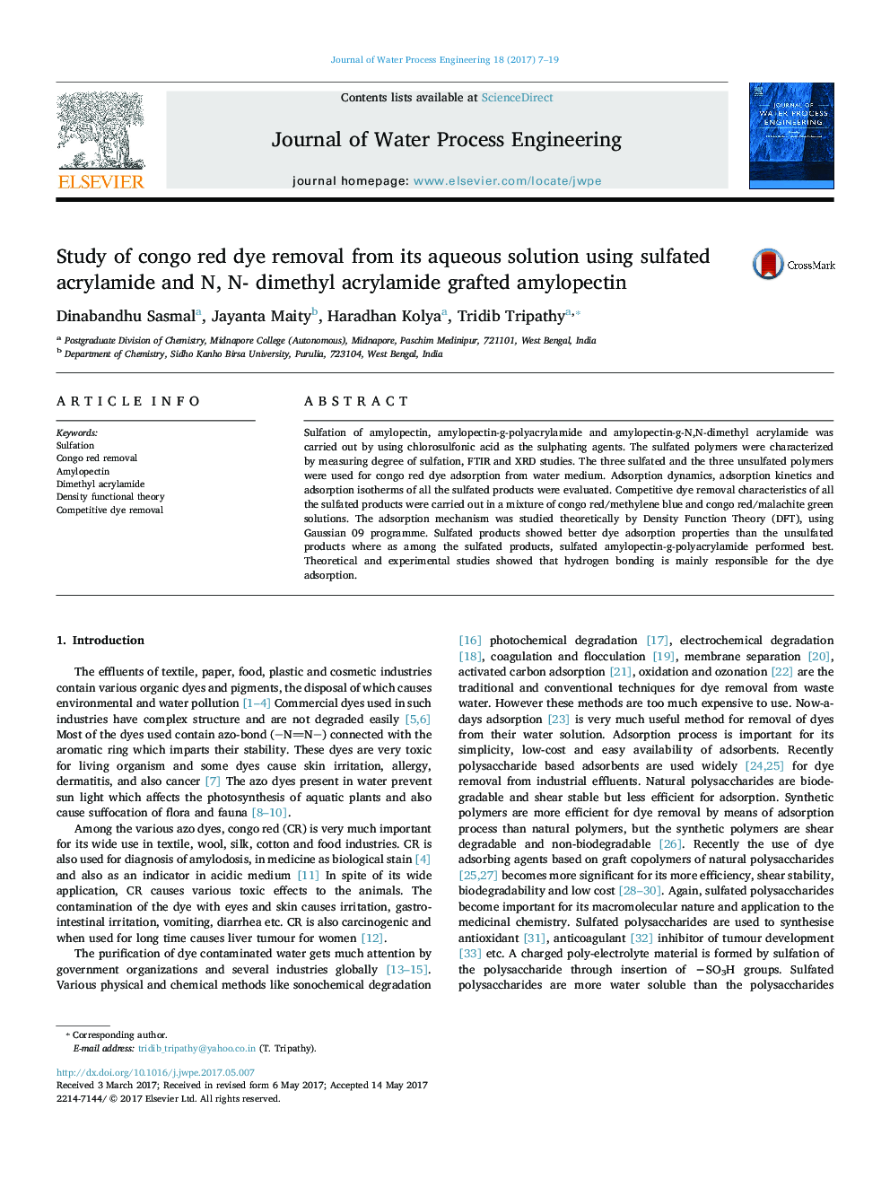 Study of congo red dye removal from its aqueous solution using sulfated acrylamide and N, N- dimethyl acrylamide grafted amylopectin