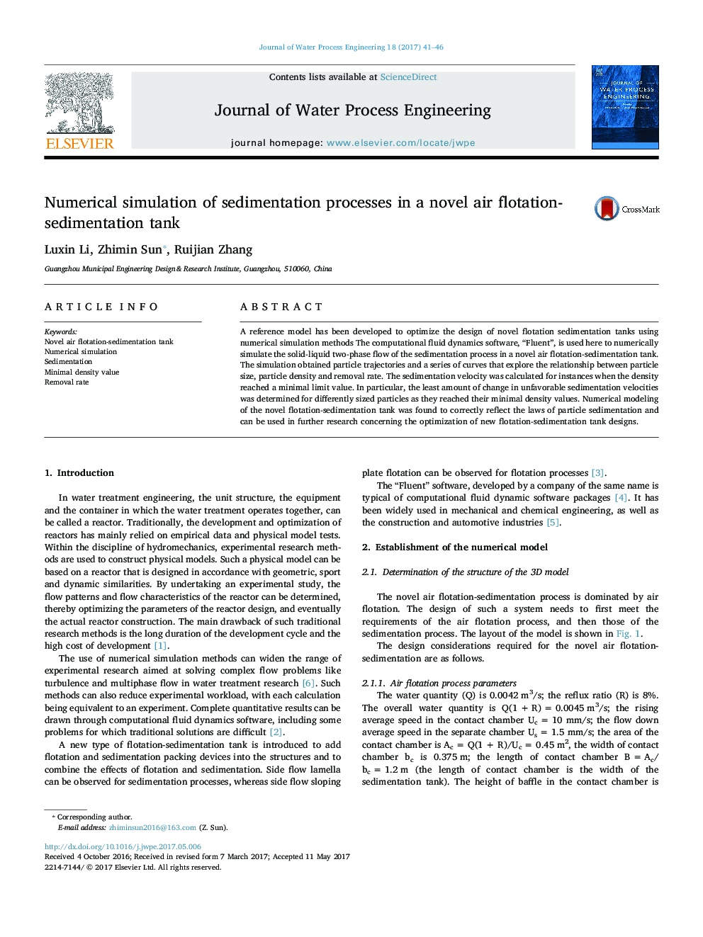 Numerical simulation of sedimentation processes in a novel air flotation-sedimentation tank