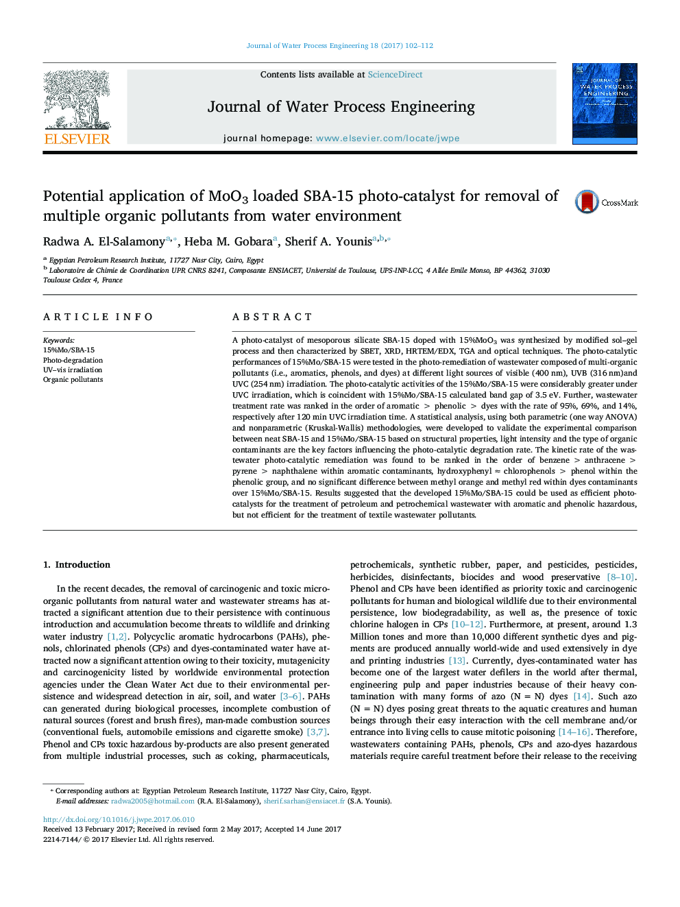 Potential application of MoO3 loaded SBA-15 photo-catalyst for removal of multiple organic pollutants from water environment