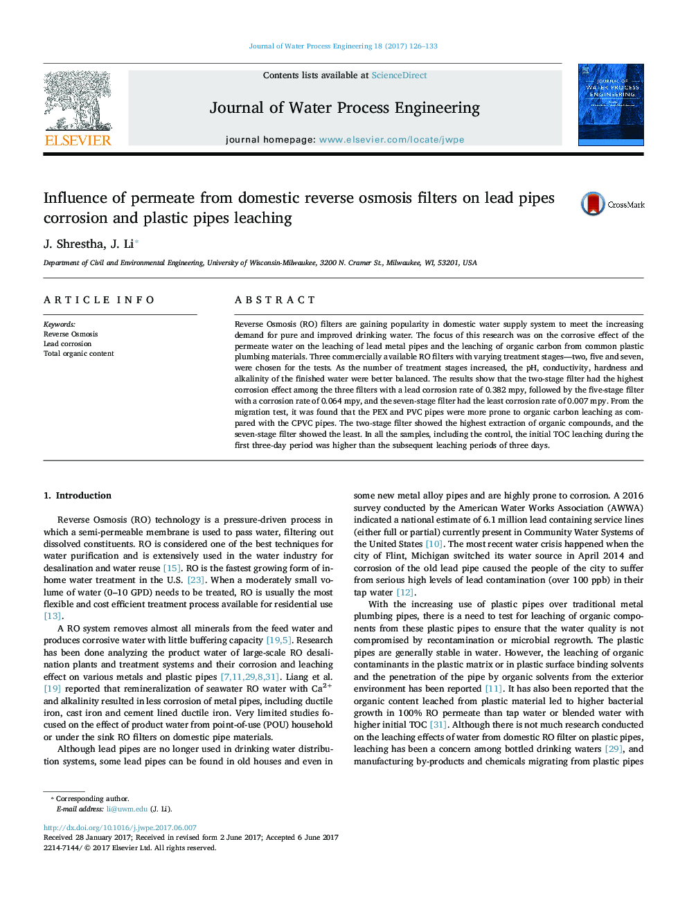 Influence of permeate from domestic reverse osmosis filters on lead pipes corrosion and plastic pipes leaching