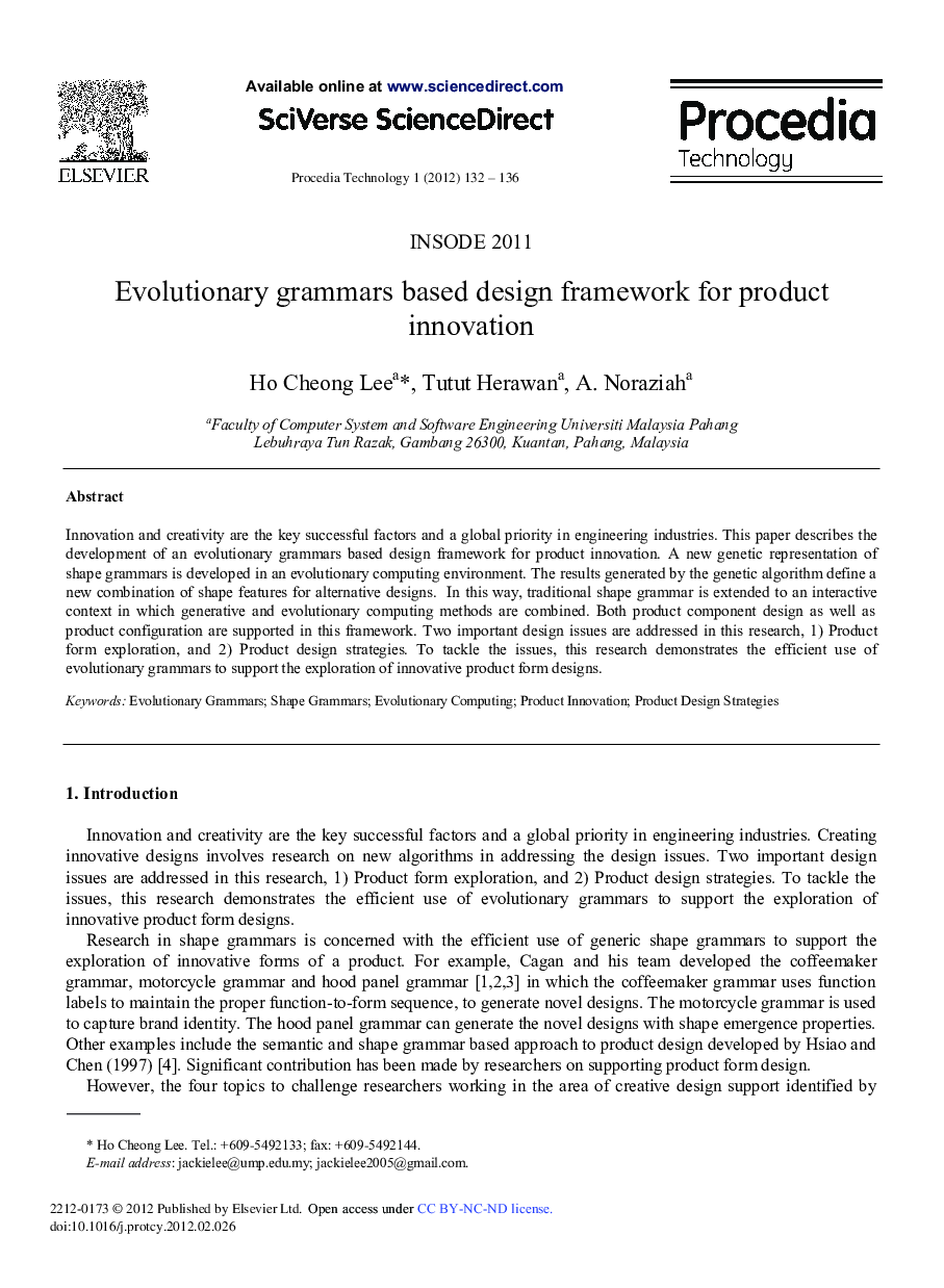 Evolutionary grammars based design framework for product innovation