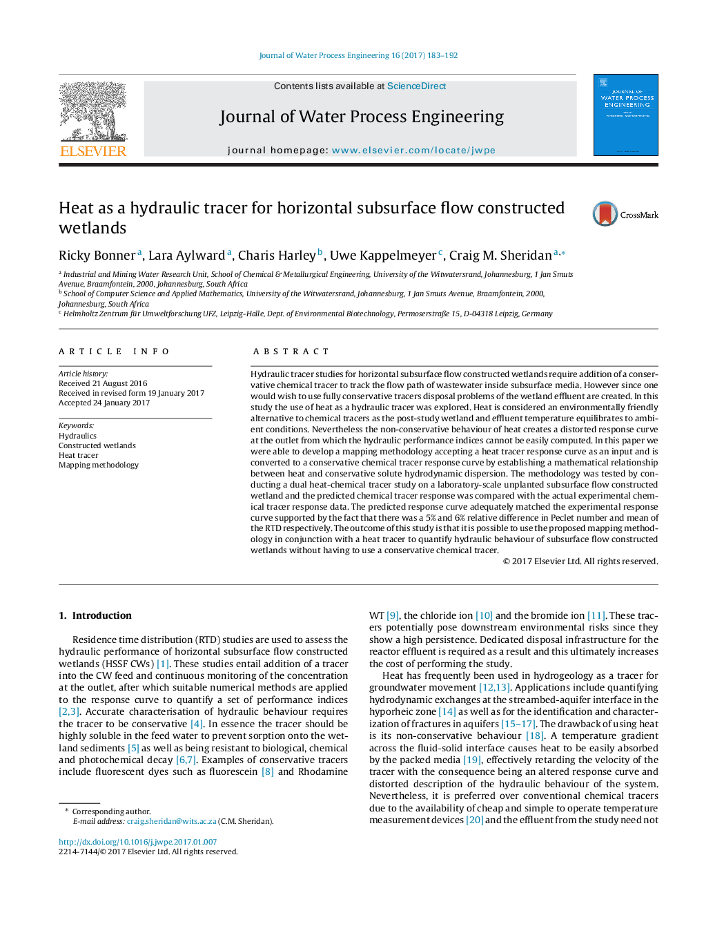 Heat as a hydraulic tracer for horizontal subsurface flow constructed wetlands