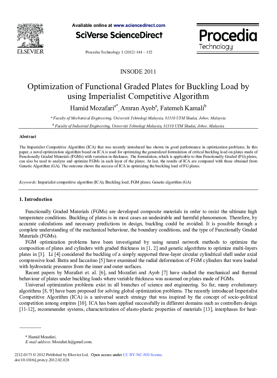 Optimization of Functional Graded Plates for Buckling Load by using Imperialist Competitive Algorithm