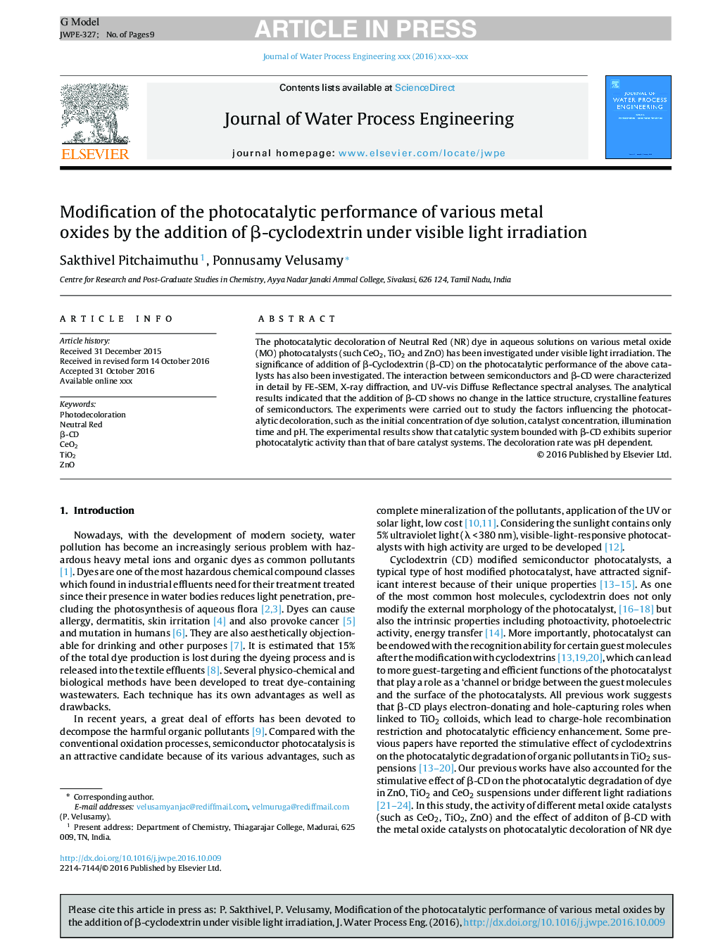 Modification of the photocatalytic performance of various metal oxides by the addition of Î²-cyclodextrin under visible light irradiation