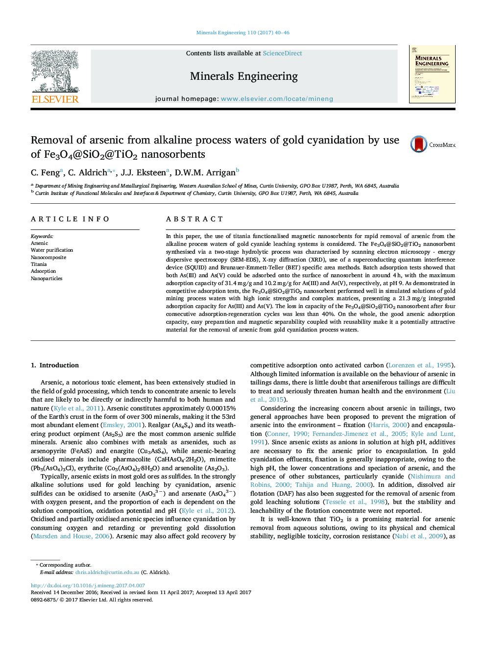 Removal of arsenic from alkaline process waters of gold cyanidation by use of Fe3O4@SiO2@TiO2 nanosorbents