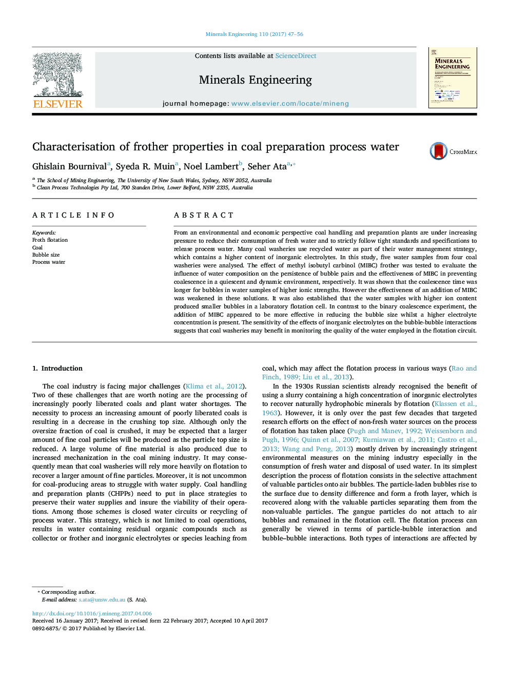 Characterisation of frother properties in coal preparation process water