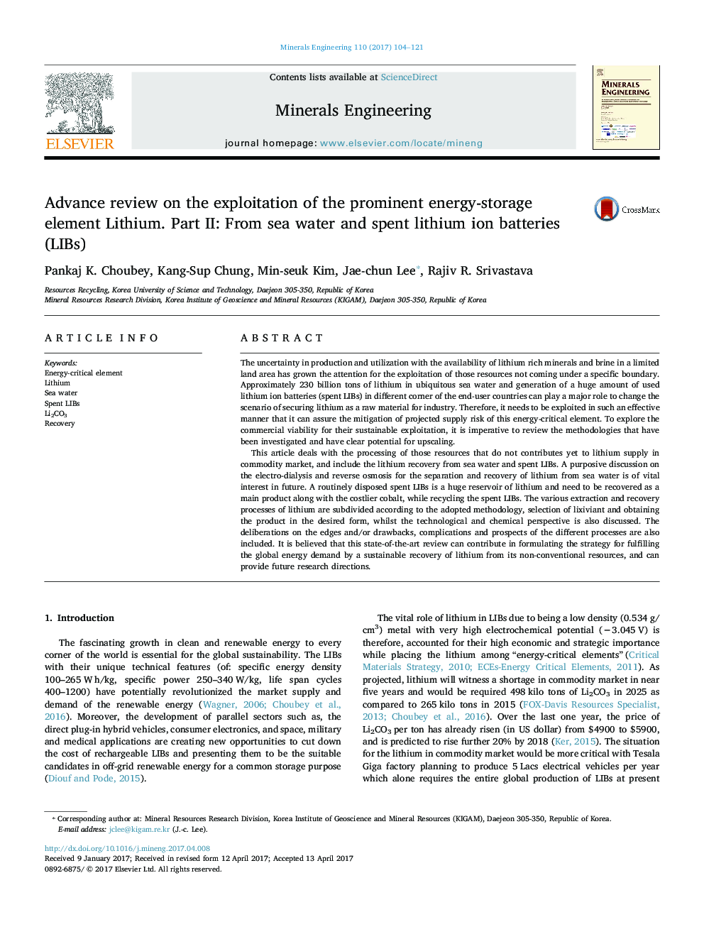 Advance review on the exploitation of the prominent energy-storage element Lithium. Part II: From sea water and spent lithium ion batteries (LIBs)