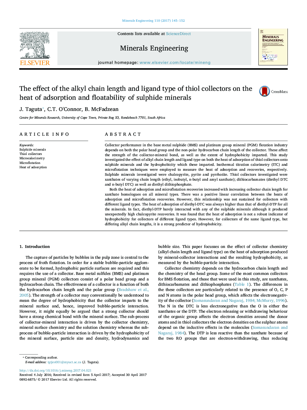 The effect of the alkyl chain length and ligand type of thiol collectors on the heat of adsorption and floatability of sulphide minerals