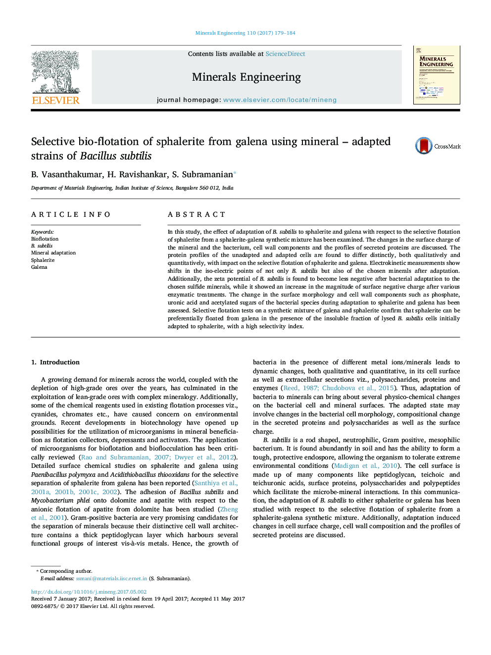 Selective bio-flotation of sphalerite from galena using mineral - adapted strains of Bacillus subtilis