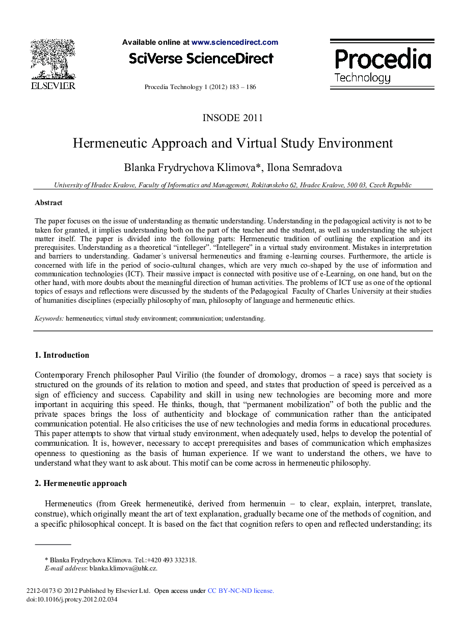 Hermeneutic Approach and Virtual Study Environment
