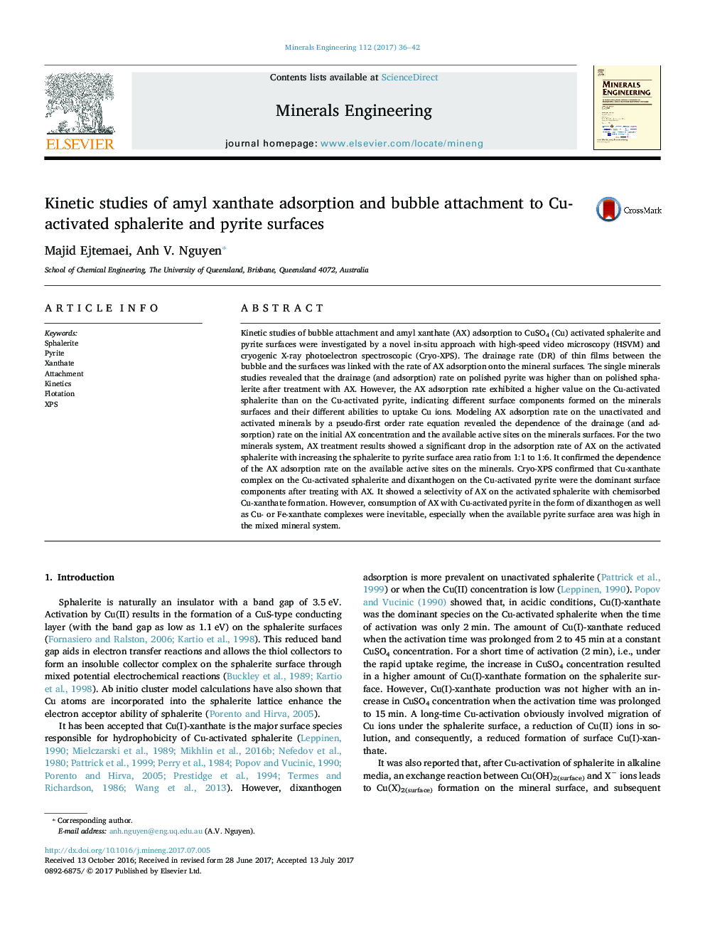 Kinetic studies of amyl xanthate adsorption and bubble attachment to Cu-activated sphalerite and pyrite surfaces