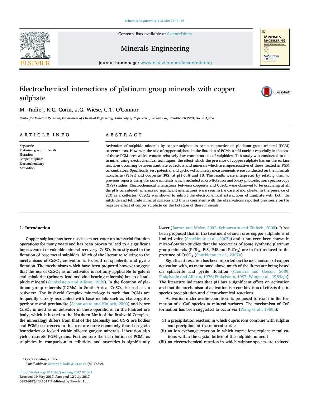 Electrochemical interactions of platinum group minerals with copper sulphate