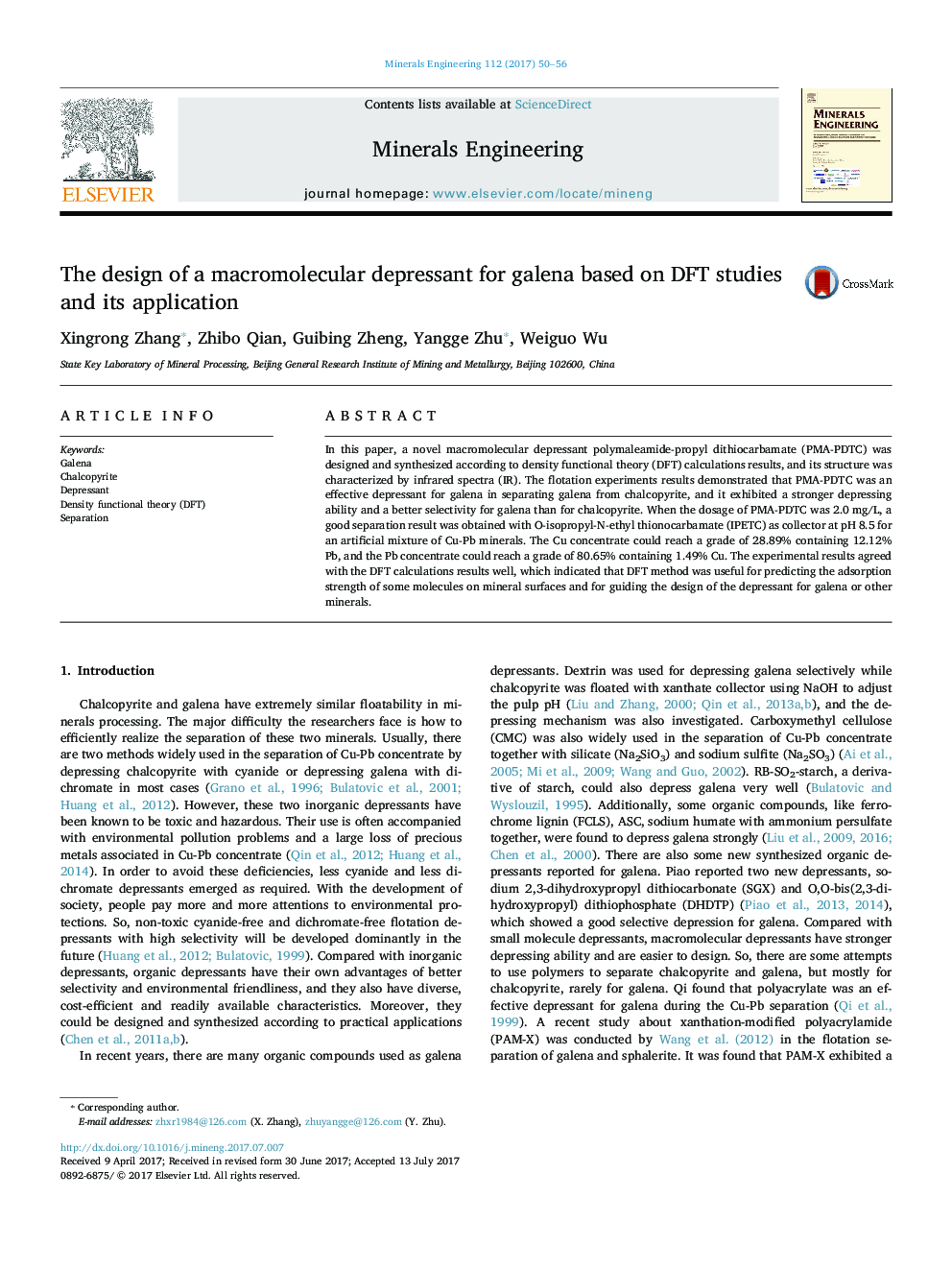 The design of a macromolecular depressant for galena based on DFT studies and its application