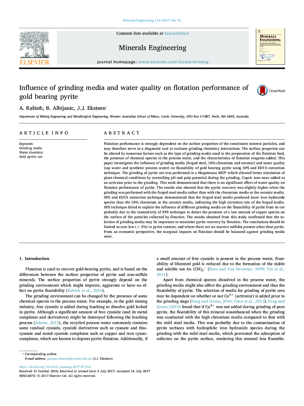 Influence of grinding media and water quality on flotation performance of gold bearing pyrite