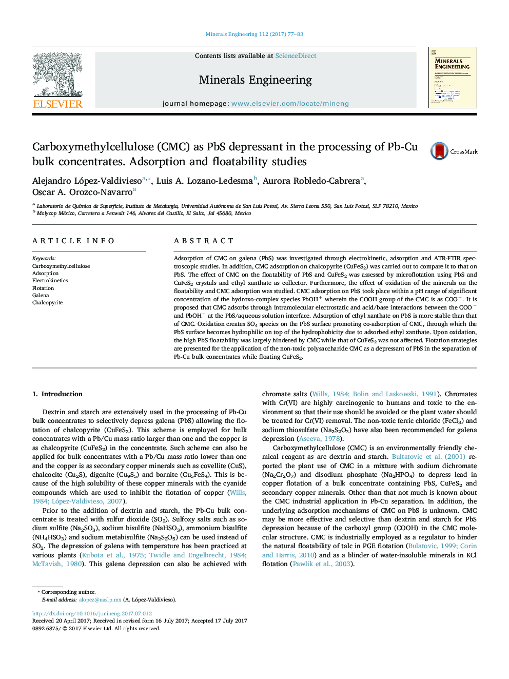 Carboxymethylcellulose (CMC) as PbS depressant in the processing of Pb-Cu bulk concentrates. Adsorption and floatability studies