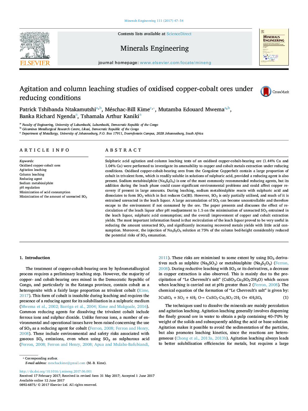 Agitation and column leaching studies of oxidised copper-cobalt ores under reducing conditions