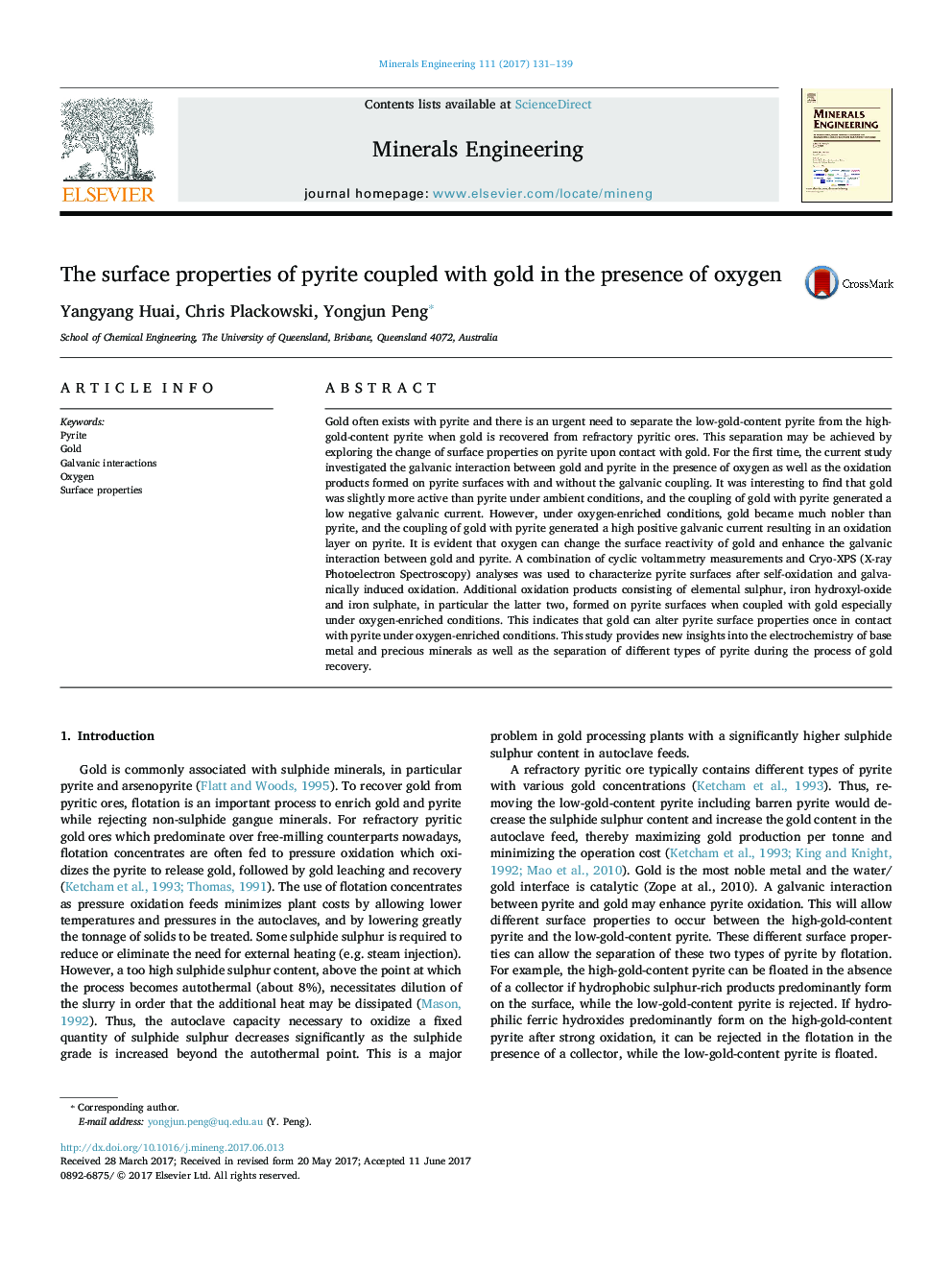 The surface properties of pyrite coupled with gold in the presence of oxygen