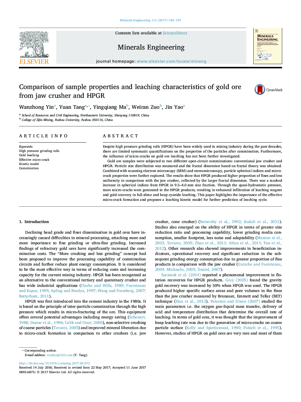 Comparison of sample properties and leaching characteristics of gold ore from jaw crusher and HPGR