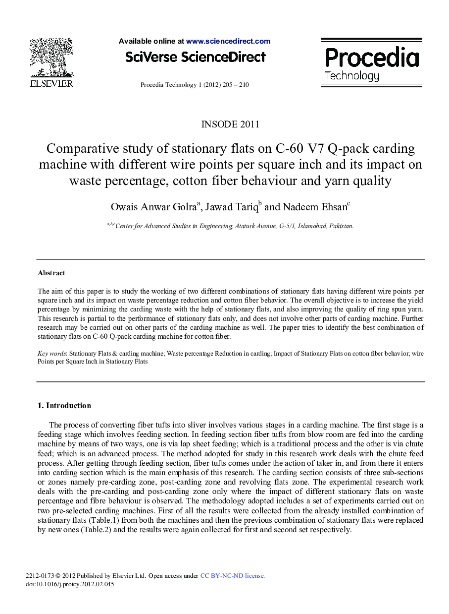 Comparative study of stationary flats on C-60 V7 Q-pack carding machine with different wire points per square inch and its impact on waste percentage, cotton fiber behaviour and yarn quality