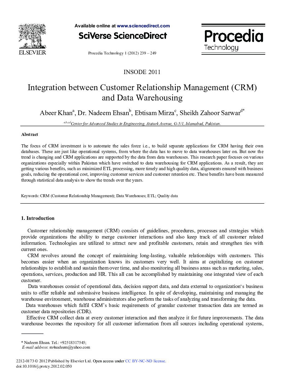 Integration between Customer Relationship Management (CRM) and Data Warehousing