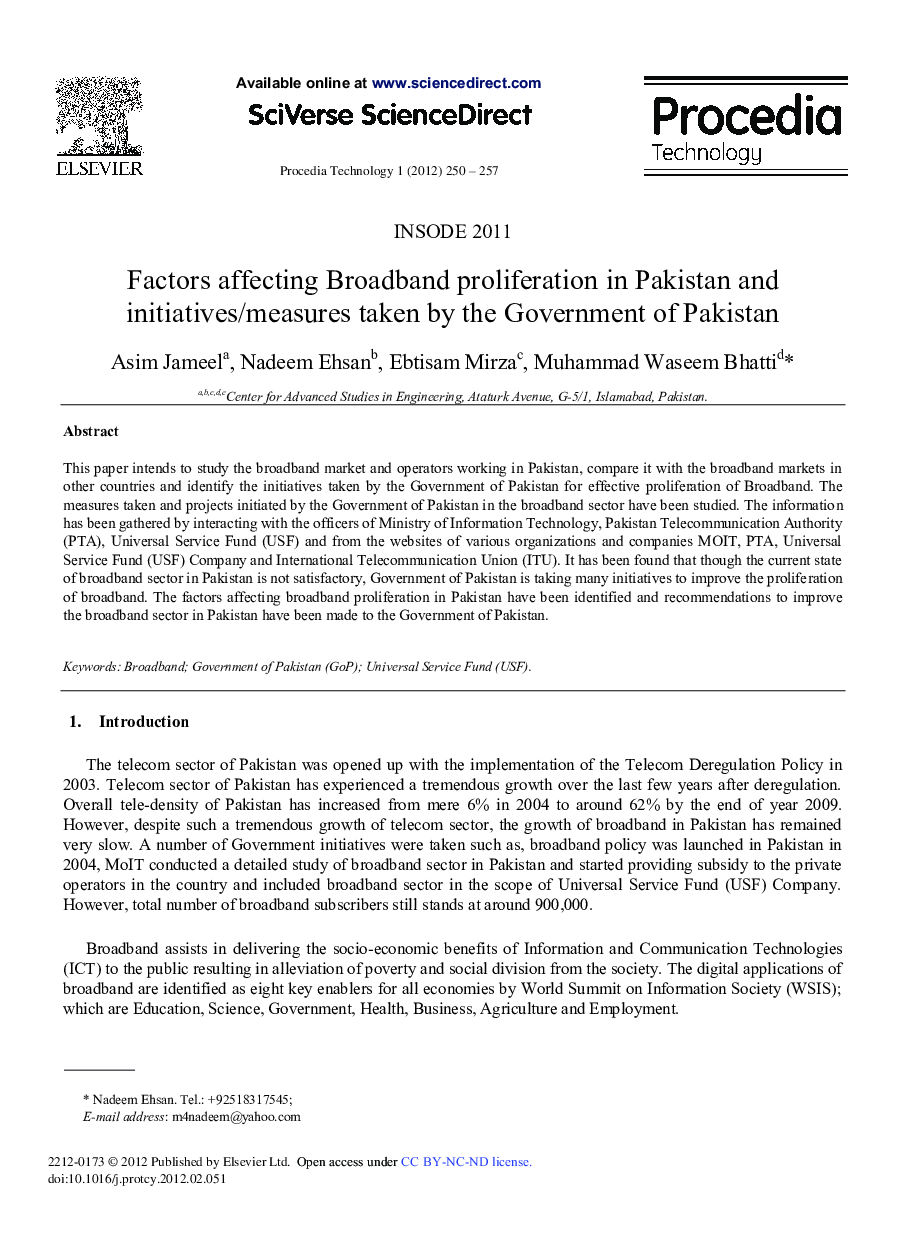 Factors affecting Broadband proliferation in Pakistan and initiatives/measures taken by the Government of Pakistan