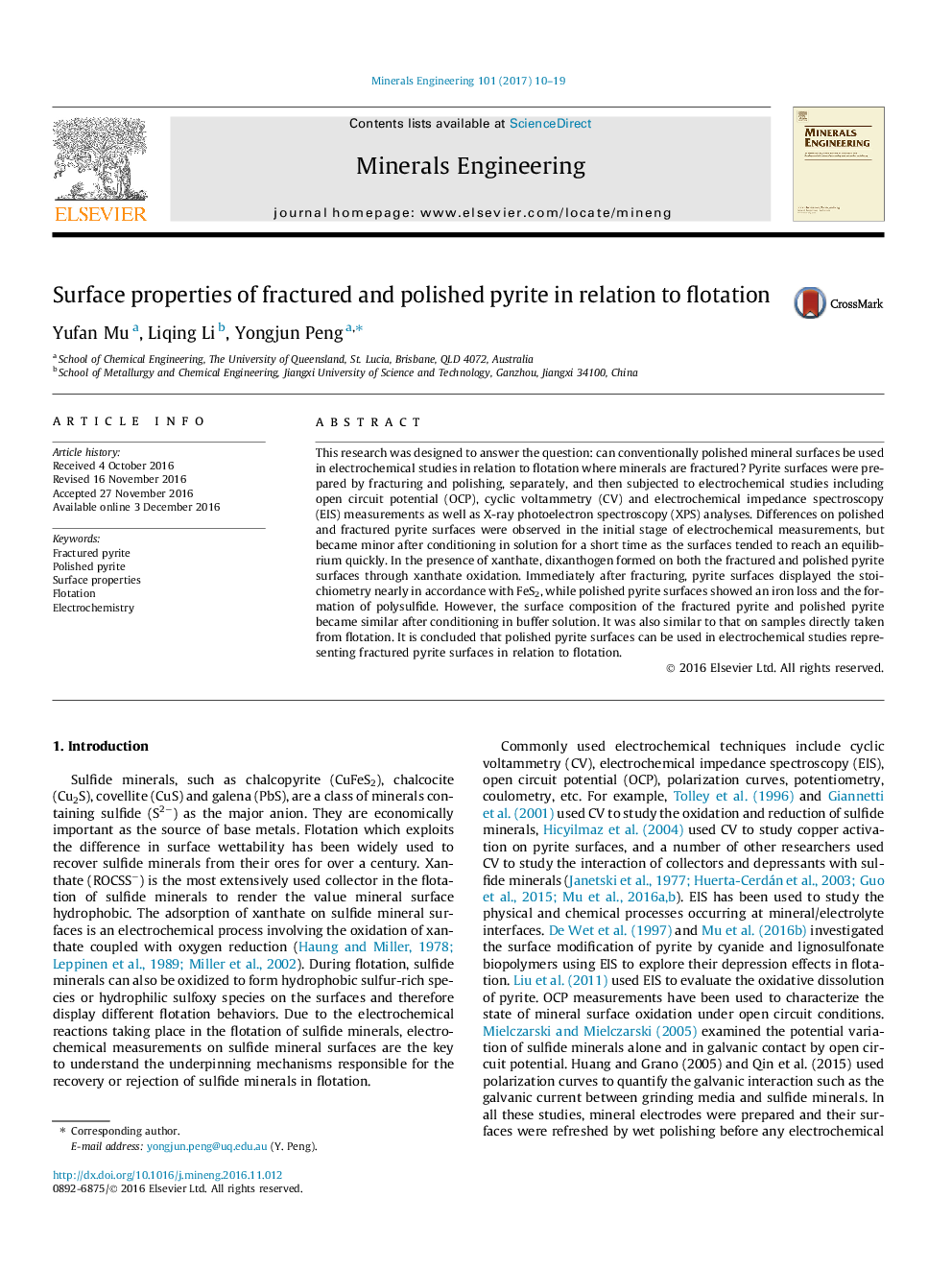 Surface properties of fractured and polished pyrite in relation to flotation