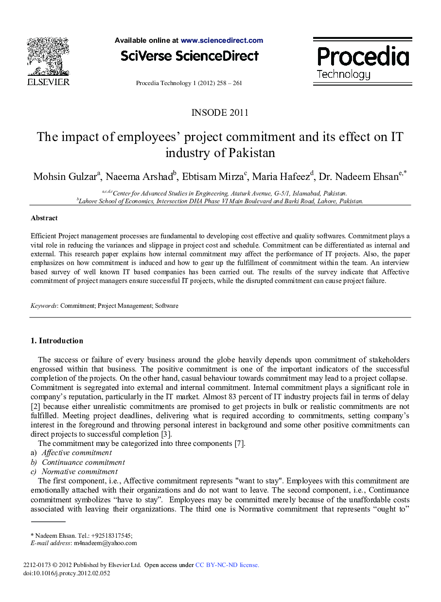 The impact of employees’ project commitment and its effect on IT industry of Pakistan