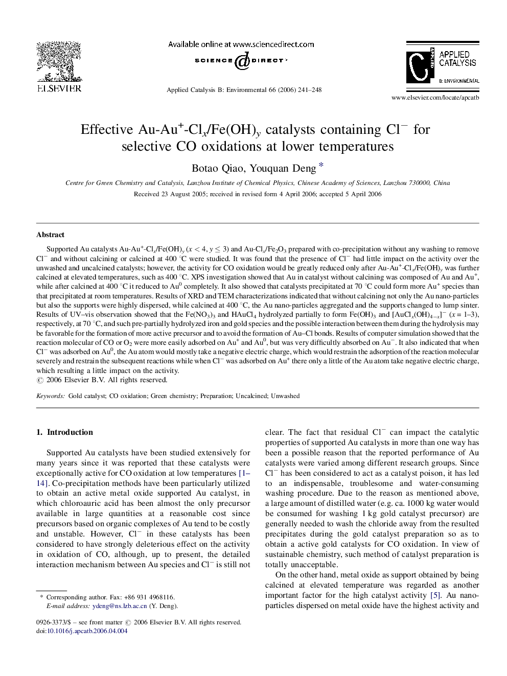 Effective Au-Au+-Clx/Fe(OH)y catalysts containing Cl− for selective CO oxidations at lower temperatures