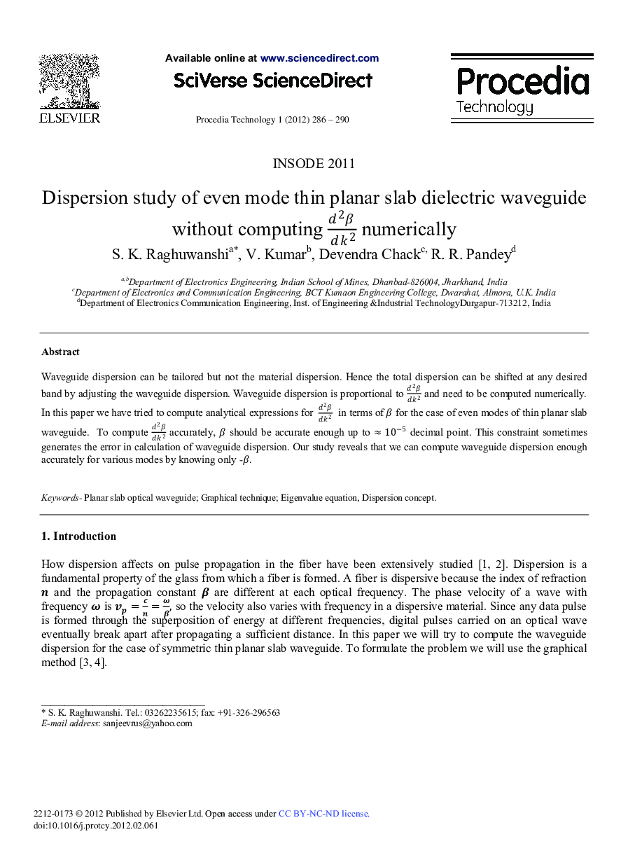 Dispersion study of even mode thin planar slab dielectric waveguide without computing d2β/d2k numerically