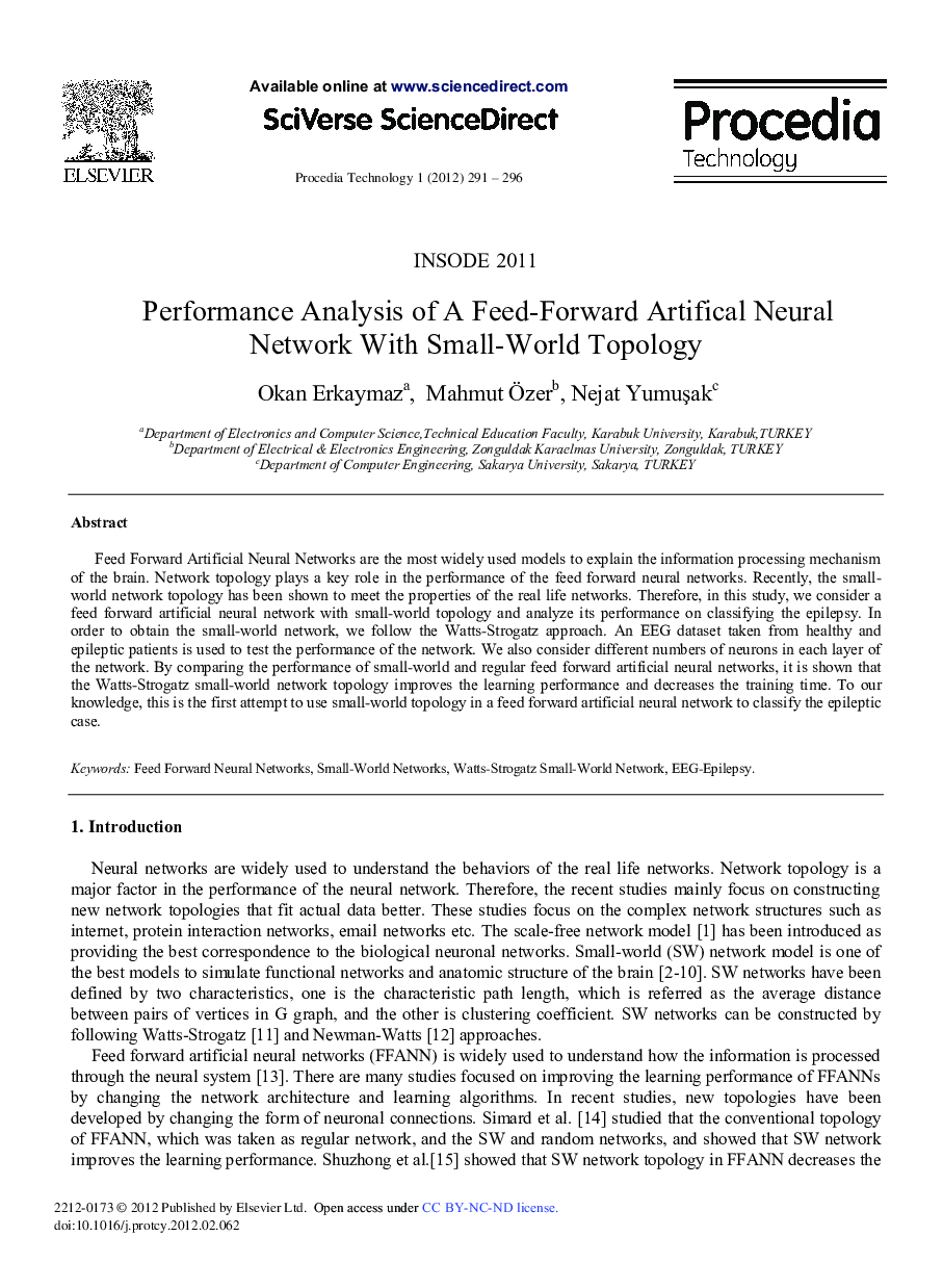 Performance Analysis of A Feed-Forward Artifical Neural Network With Small-World Topology
