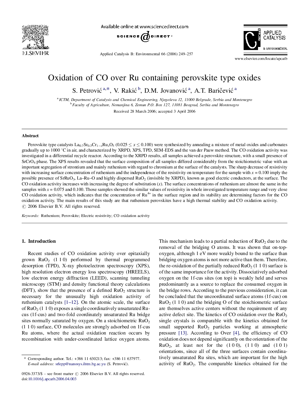 Oxidation of CO over Ru containing perovskite type oxides