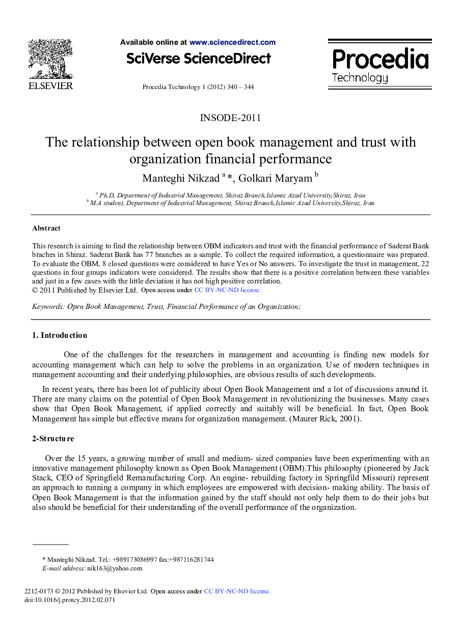 The relationship between open book management and trust with organization financial performance