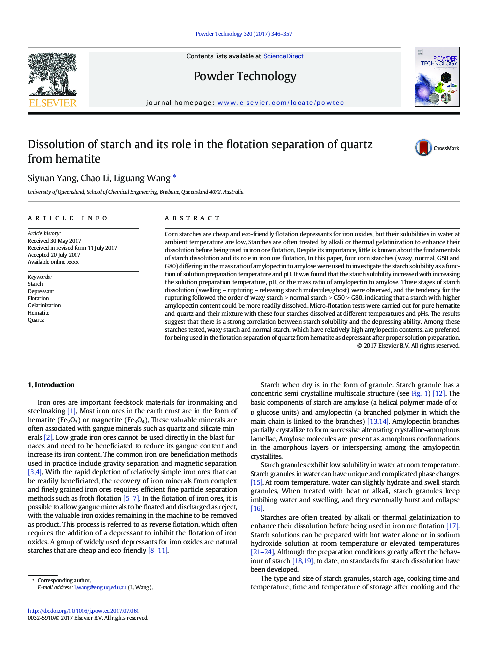 Dissolution of starch and its role in the flotation separation of quartz from hematite