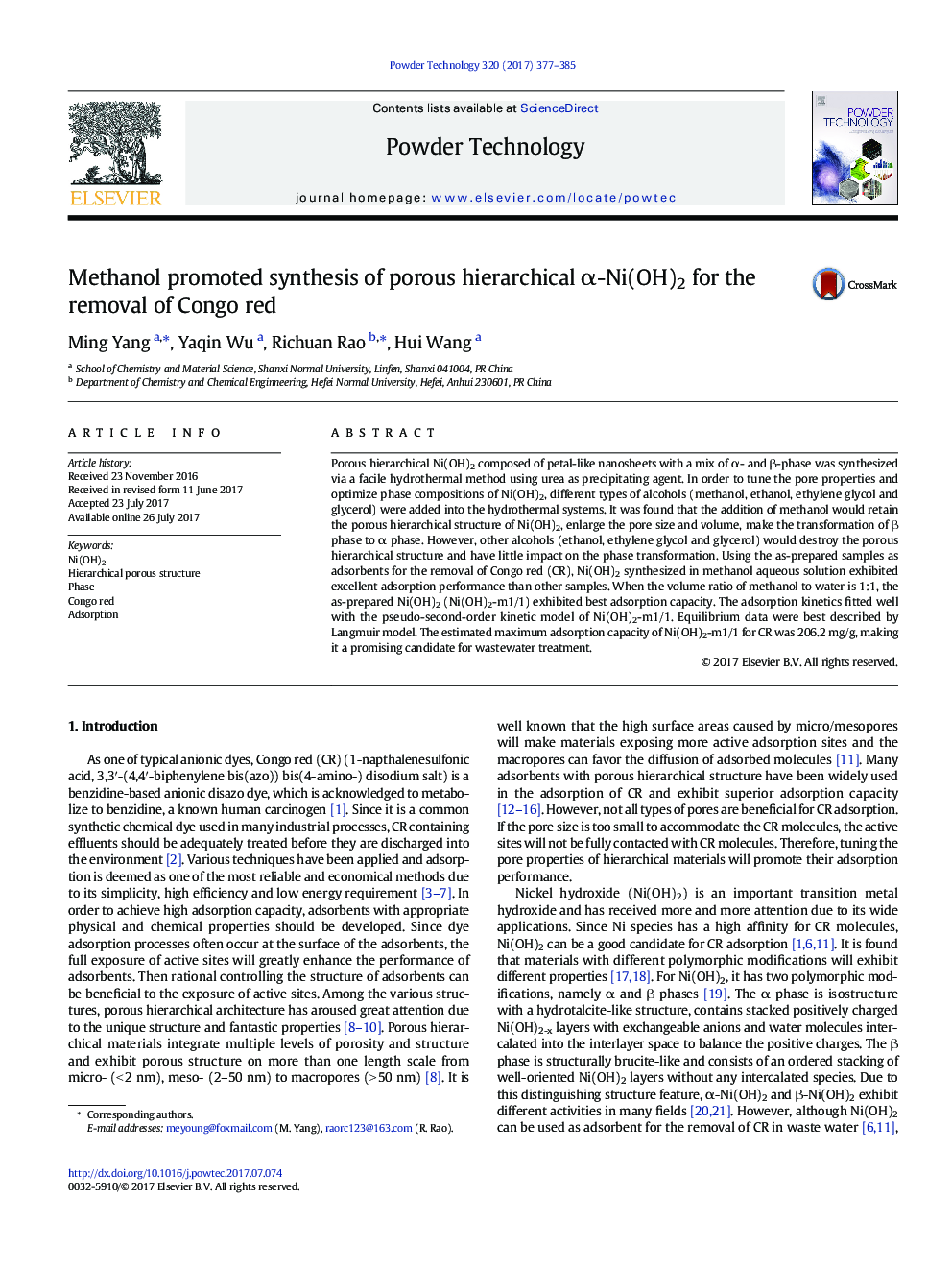 Methanol promoted synthesis of porous hierarchical Î±-Ni(OH)2 for the removal of Congo red