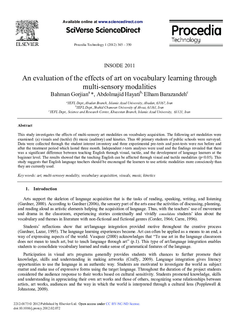 An evaluation of the effects of art on vocabulary learning through multi-sensory modalities