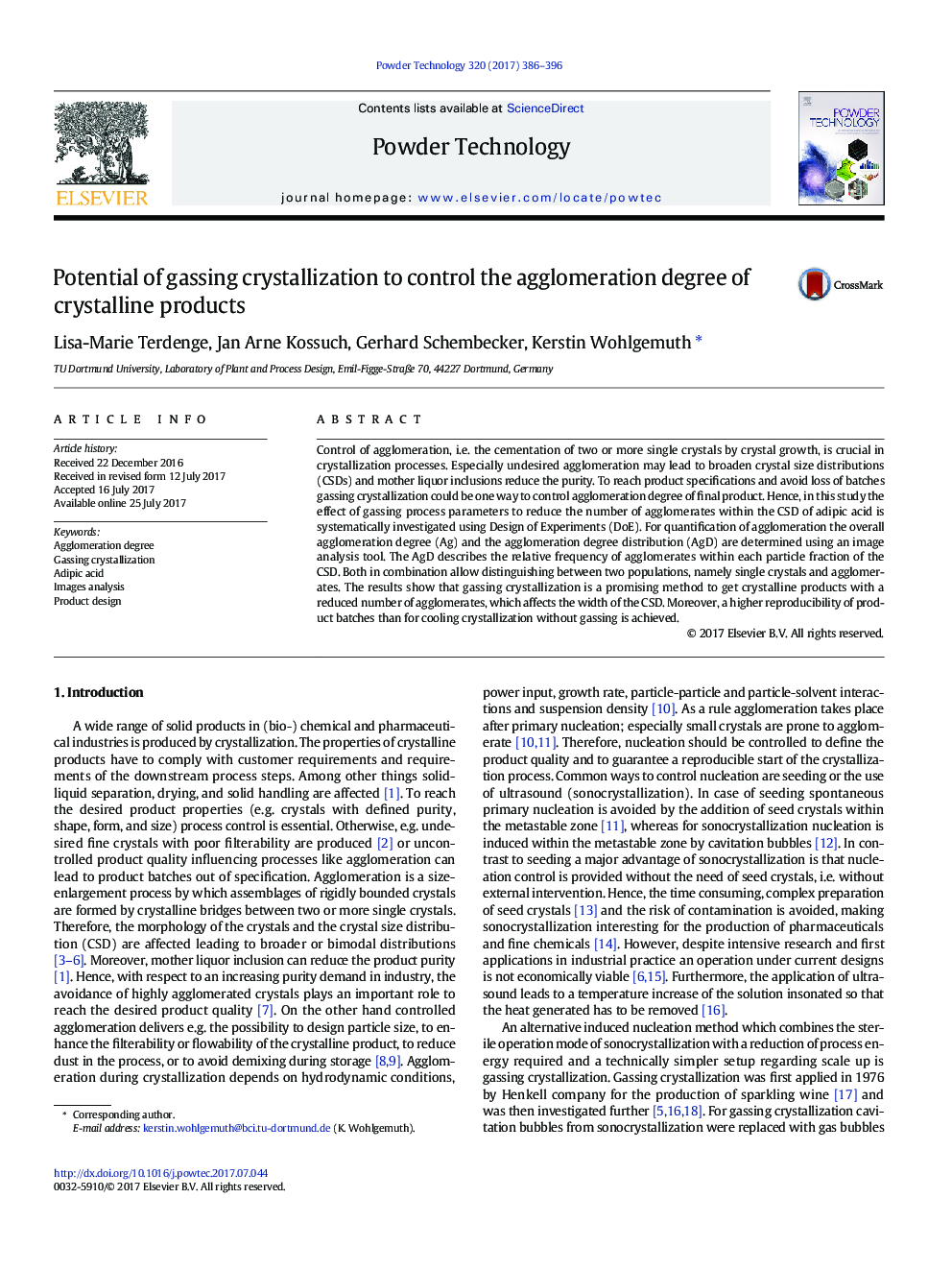 Potential of gassing crystallization to control the agglomeration degree of crystalline products